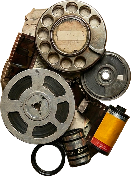 Collage — téléphone, bobines de film et pellicule