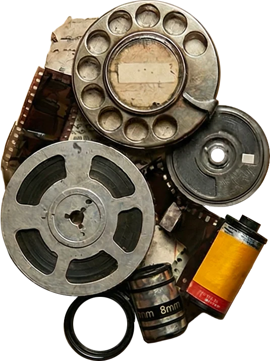 Collage — téléphone, bobines de film et pellicule